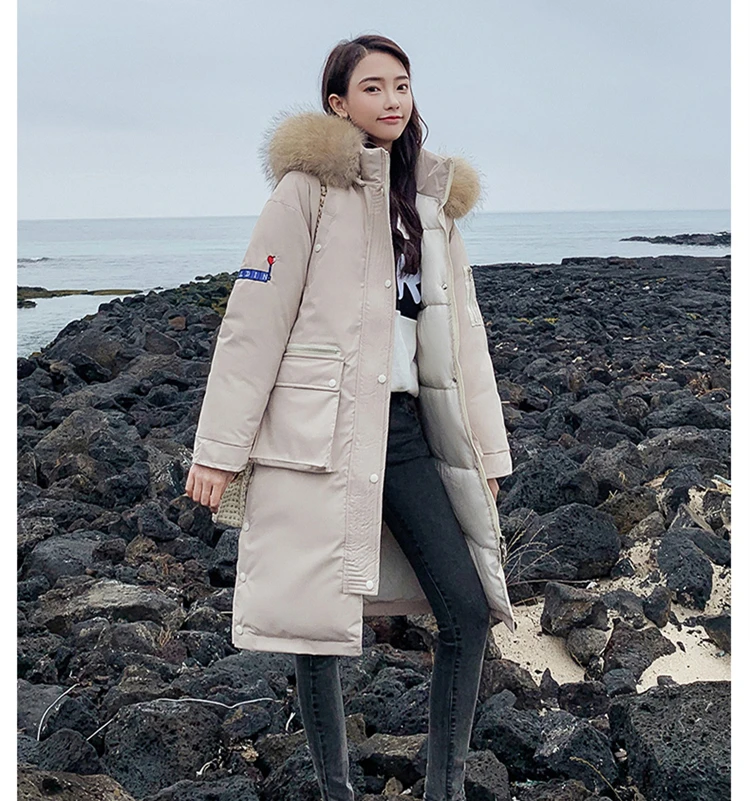 Зимние теплые плотные Длинные куртки повседневные пальто женские парки с капюшоном из натурального меха енота женская верхняя одежда с хлопковой подкладкой пальто