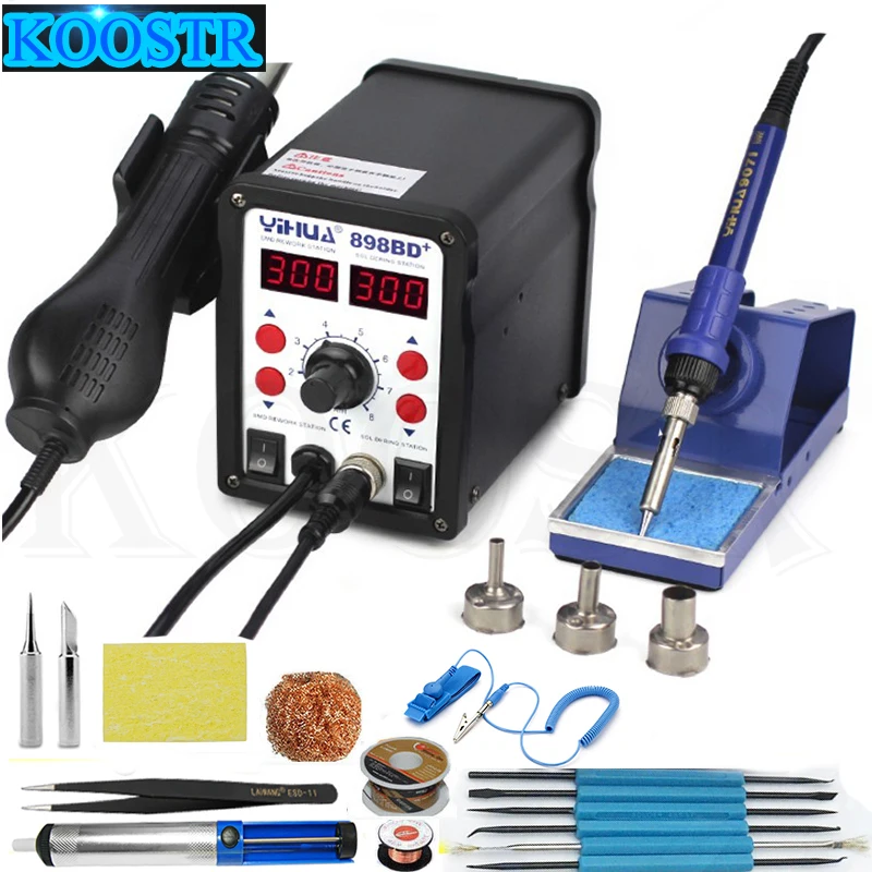 YIHUA 898BD+ 2 в 1 цифровой дисплей паяльная станция для распайки SMD Электрический паяльник+ фена паяльная станция