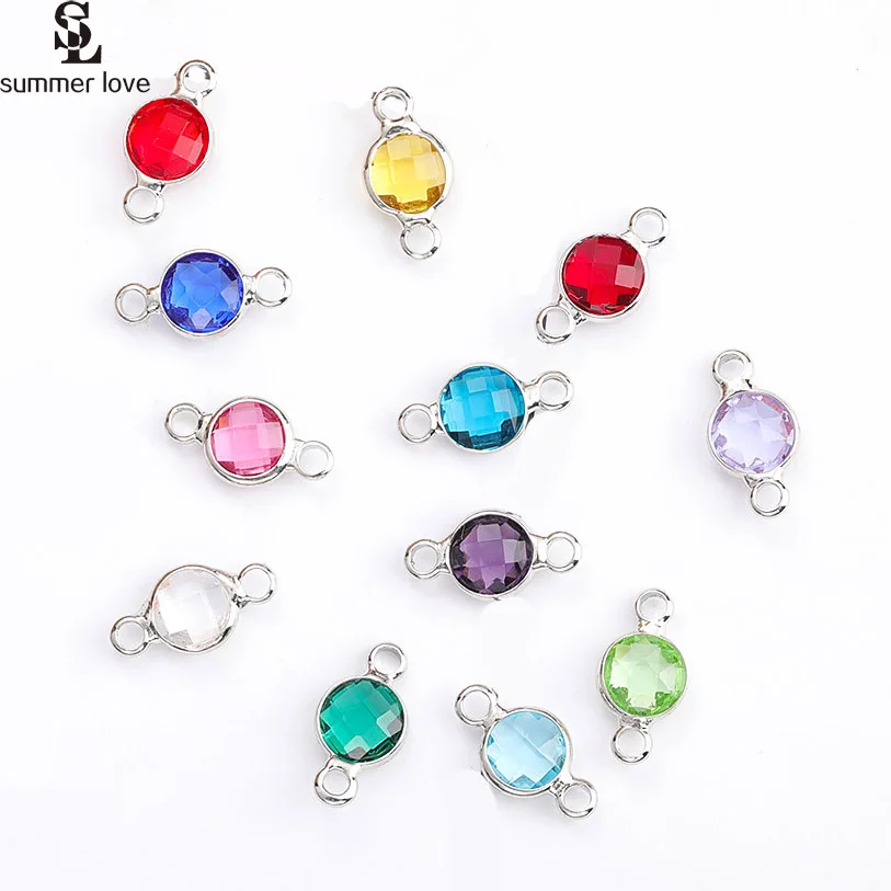 10pcs Wholesale Silver Color Crystal Birthstone Connectors Mini 6mm 2 Holes Round Charms for Diy Jewelry Making Accessories 10pcs charms hollow eye 22x26mm antique silver color pendants making diy handmade tibetan finding jewelry