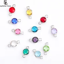  10pcs Wholesale Silver Color Crystal Birthstone Connectors Mini 6mm 2 Holes Round Charms for Diy Jewelry Making Accessories 
