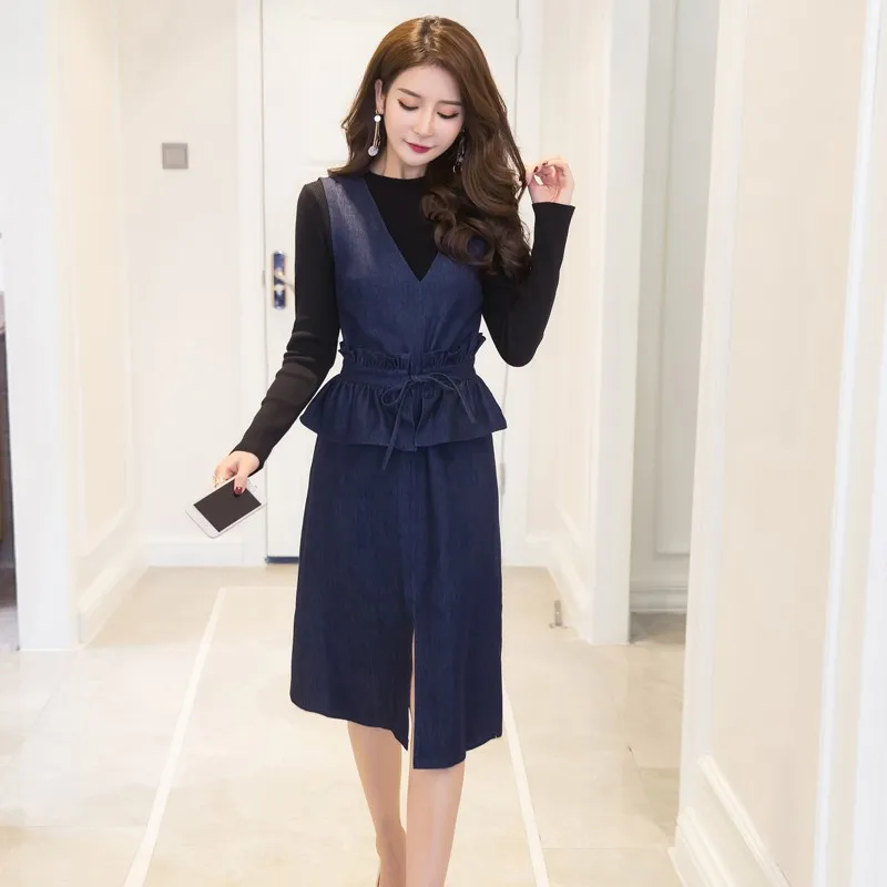 Ruffles Slim Waist Denim Knee Length 