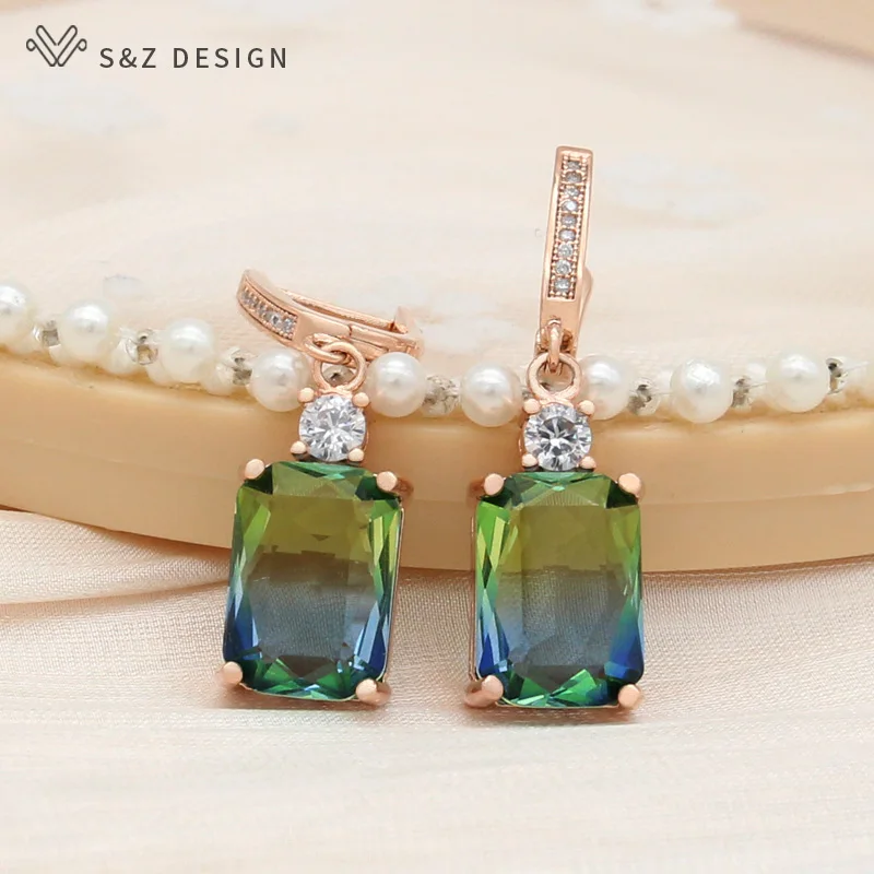 S&Z DESIGN New Fashion Rose Gold Color Cubic Zirconia Square Tourmaline Dangle Earrings For Women Wedding Fine Elegant Jewelry