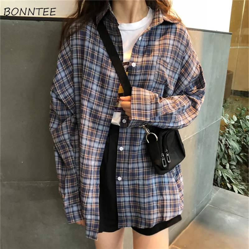 Najtaniej Koszule damskie 2019 klasyczne Retro eleganckie puchowe kieszenie z kołnierzykiem Plaid koszulka damska z pełnym rękawem luźne rekreacyjne dziewczyny w stylu koreańskim