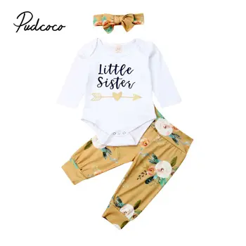

pudcoco 2020 Baby Girls Cotton Clothes Bodysuit Jumpsuit Headband Pant Autumn Outfits Costume Toddler Little Sister Clothing Set