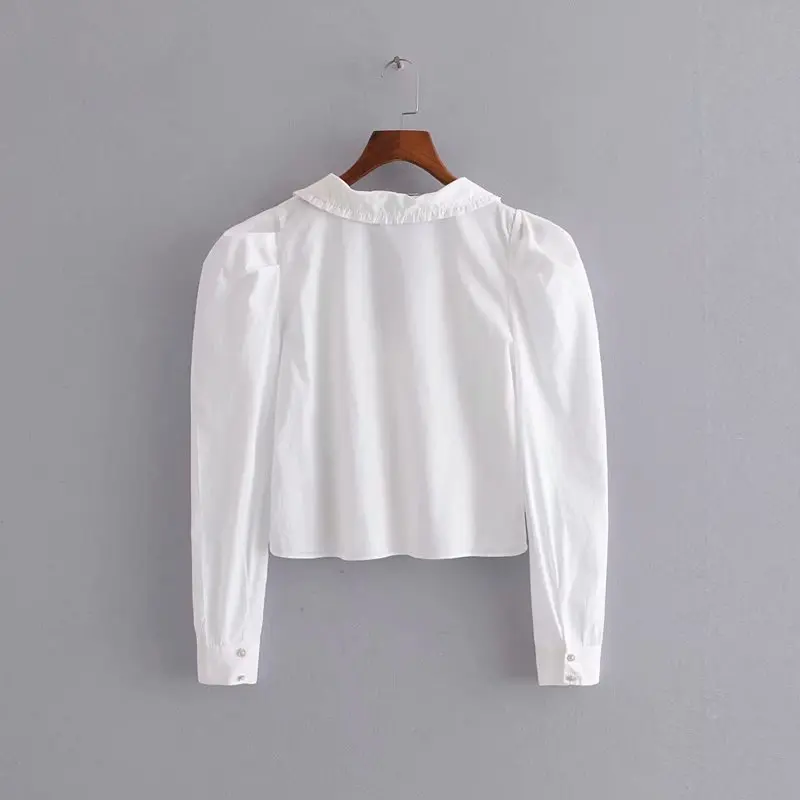 Стильный шикарный белый поплин ювелирные изделия Пряжка короткая блузка мода воротник с лацканами рубашки с длинными рукавами Топы обычная, высокая, на выход