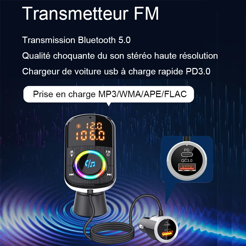 8 Modes de Couleurs Transmetteur FM Bluetooth Lecteur MP3 Adaptateur Bluetooth Voiture pour PD18W Appels Mains Libres QC3.0 Allume Cigare Bluetooth avec Carte TF & USB 