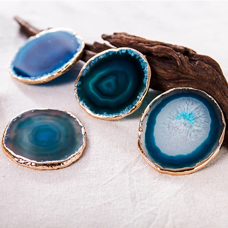 

Blue Agate Stone Coaster Teacup Tray Agate Slice Decorative Design Stone Coaster Gold Edges Home Decor Gemstone Coaster