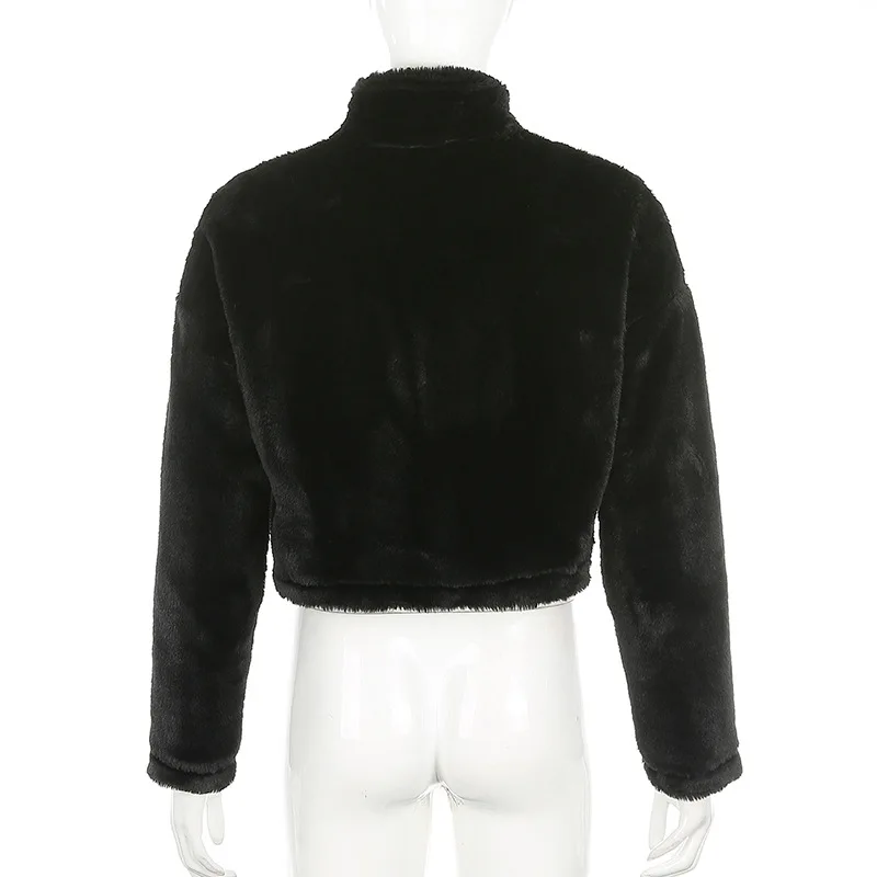 BOOFEENAA, черное меховое зимнее пальто для женщин, на молнии, искусственный мех, укороченная плюшевая куртка с меховым рукавом, милая плюшевая верхняя одежда, C67-AF37