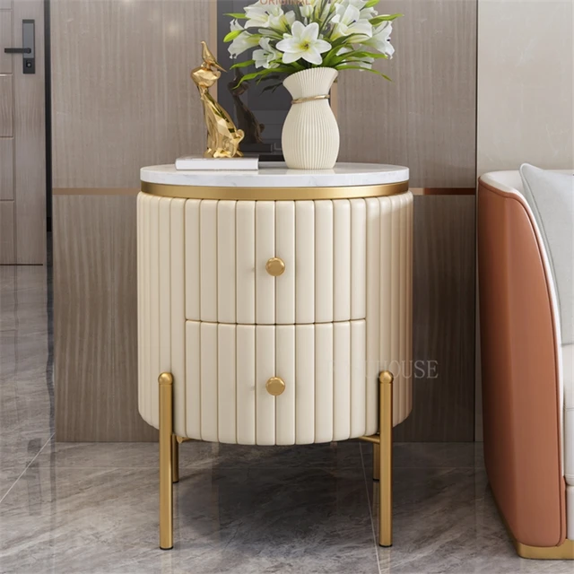 Mesas de cabeceira de mármore luxuosas modernas com mesa de cabeceira  redonda de 2 gavetas para o quarto - AliExpress