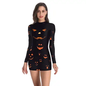 

Halloween Costumes for Women Pumpkin Printed Cosplay Long Sleeve Dress Outfit For Women Halloween Carnival Costume