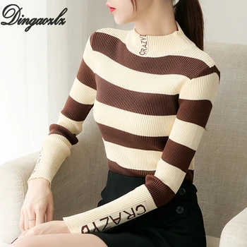 

Dingaozlz Turtleneck Striped Sweater long-sleeved Women Pullovers New fashion Autumn Winter Knitted Tops
