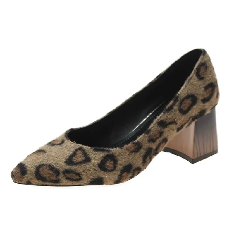 

Winter Flock Leopard Print Winter Shoes for Women High Thick Square Heel Pointed Toe Pumps Slip on Ladies Shoes with Heels P306