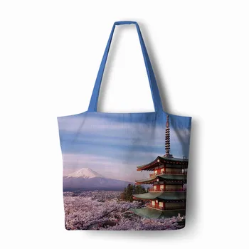 

Mount Fuji painting Handbag Linen polyester women shopping Tote Home Storage with Casual Traveling Beach Bag
