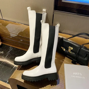 

2020 Winter Woman Chunky Mid Calf Boots Brand Fashion Slip On Platform Boots Women's Round Toe Shoes Leather Boots Women White