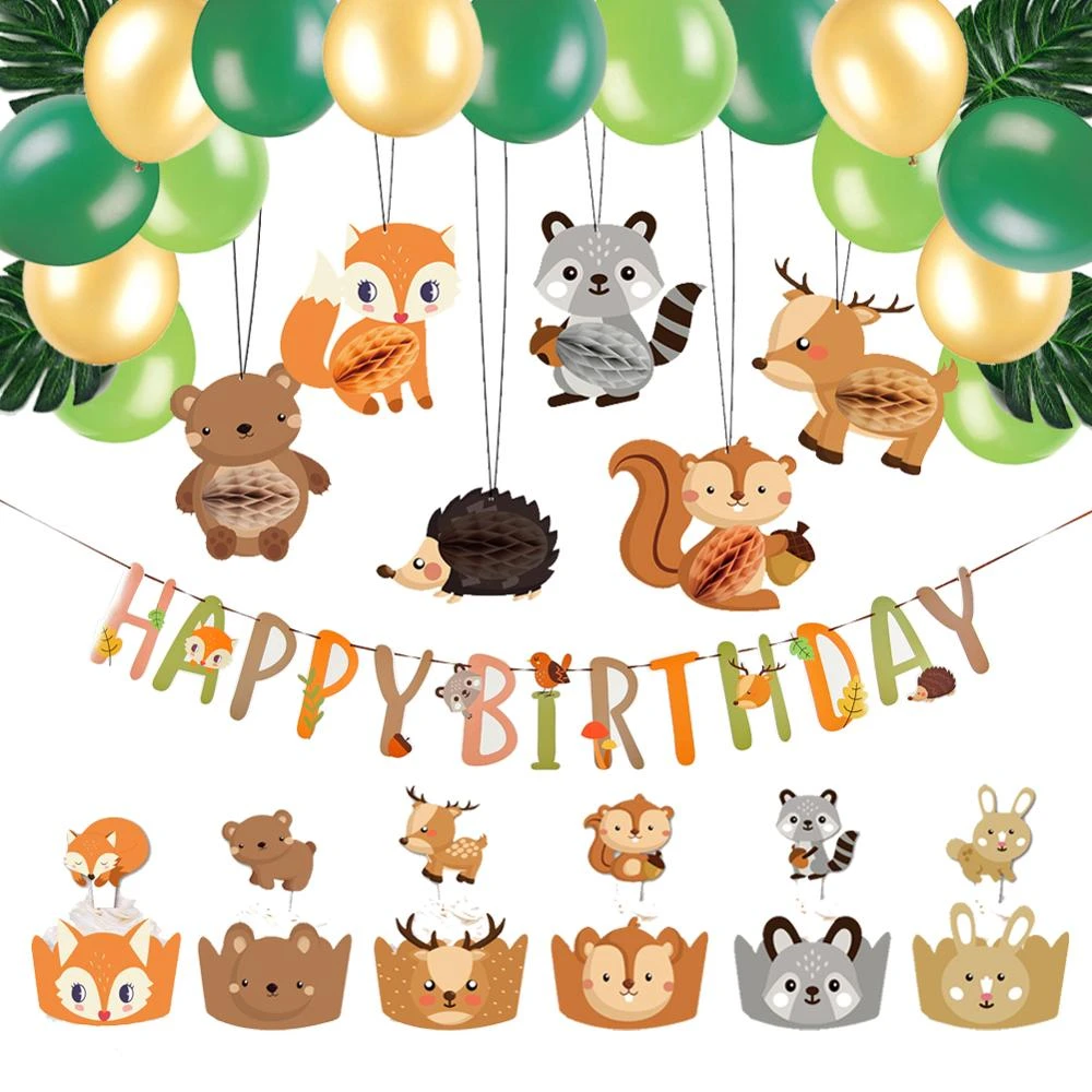 45pcs Birthday Decoration Jungle Animals Cake Toppers Happy Birthday Banner Balloons Tropical Birthday Party Decorations Kids Party Diy Decorations Aliexpress