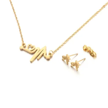 

Wholesale 10Set Gold Pendientes Acero Inoxidable Mujer Heartbeat Stud Earrings Heart Pendant Necklace Jewelry Sets For Women