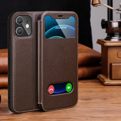 Luxurious Genuine Leather Flip Cover with Window - Premium Book Style Case - iPhone 14 (Dark Brown)