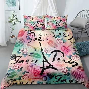 

100% Microfiber Bedding Set Paris Tower Duvet Cover Art Doodling Lips Flower Print Bedspread Twin Full Queen King Size for Girls