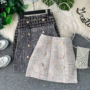 

2020 Korean Women Tweed Skirt Autumn/winter High Waist Slimming A Fashion Double breasted Mini Skirt