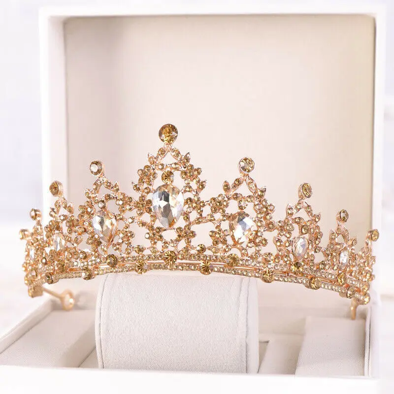 

Champagne Birthday Gold Crystal Tiara Crown Wedding Bridal Headwear Prom Baroque Jewelry Head Accessories Women Large