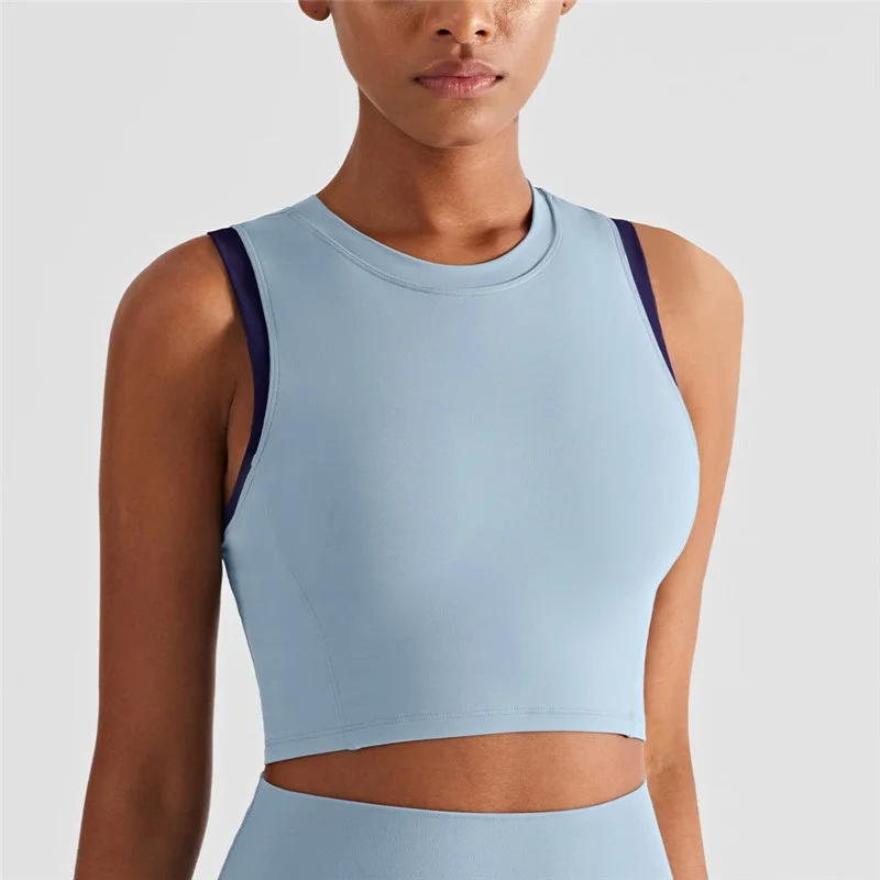 Women Fitness Bra Tights High-neck Panelled Sports Blouse Tight Sport Tank Top Gym Clothing Yoga Vest With Removable Chest Pad