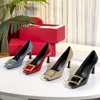 

2020 New Fashion Designer Women's Pumps High Heel Metal Decoration Shoes High Quality Genuine Leather Women's Shoes Size 34-40