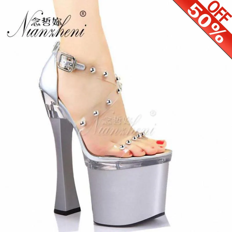 

Roman Hollow Gothic Metal Rivet Narrow band Women's sandals 7 inches High heeled shoes 18cm Spool heels Nightclub Pole dancing