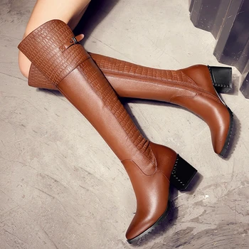 

INS HOT Women knee-high boots Natural leather Upper plus size 22-26 cm length autumn and winter ladies boots snow boots 2 colors
