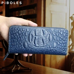Handmade Genuine Leather Men's Clutch Wallet Large Capacity Card Slot Phone Holder Purse Crocodile Pattern Zipper Long Wallet