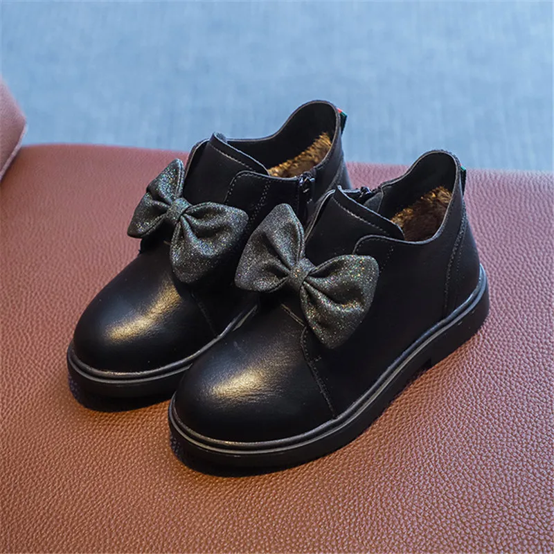 

Cowhide Genuine Leather Winter Girls Ankle Boots Fashion Kids Boots Bow-knot Warm Cotton Princess Sweet Big Children Ankle Shoes
