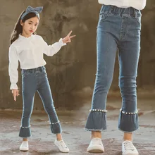 Детские джинсы; коллекция года; сезон осень; стиль; корейский стиль; обтягивающие эластичные брюки с жемчужинами и поясом для девочек
