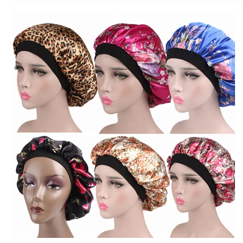 

New Women Satin Night Beauty Salon Sleep Cap Cover Hair Bonnet Hat Silk Head Wide Elastic Band For Curly Springy Hair Chemo Cap