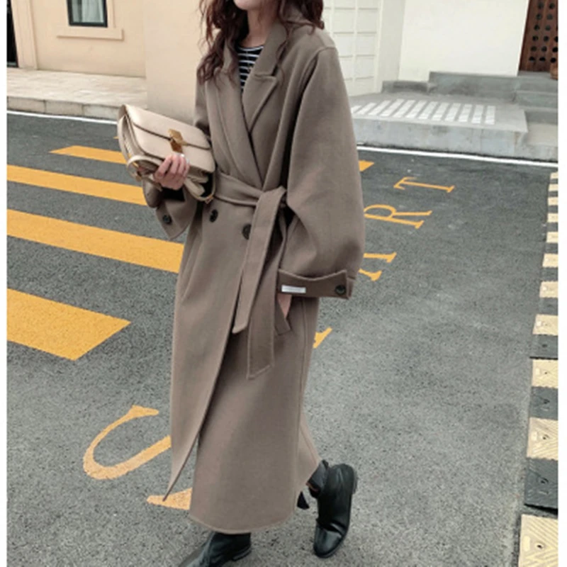 Women Overcoat Outwear Coat Korean Winter Long Loose Cardigans Lace Up Full Sleeve Manteau Femme