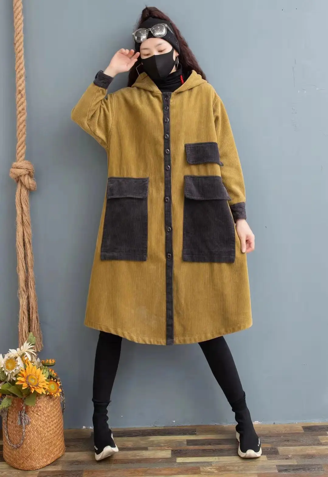 Зимние женские парки вельветовые винтажные с капюшоном толстые теплые контрастные цвета длинные с хлопковой подкладкой свободные женские пальто YoYiKamomo