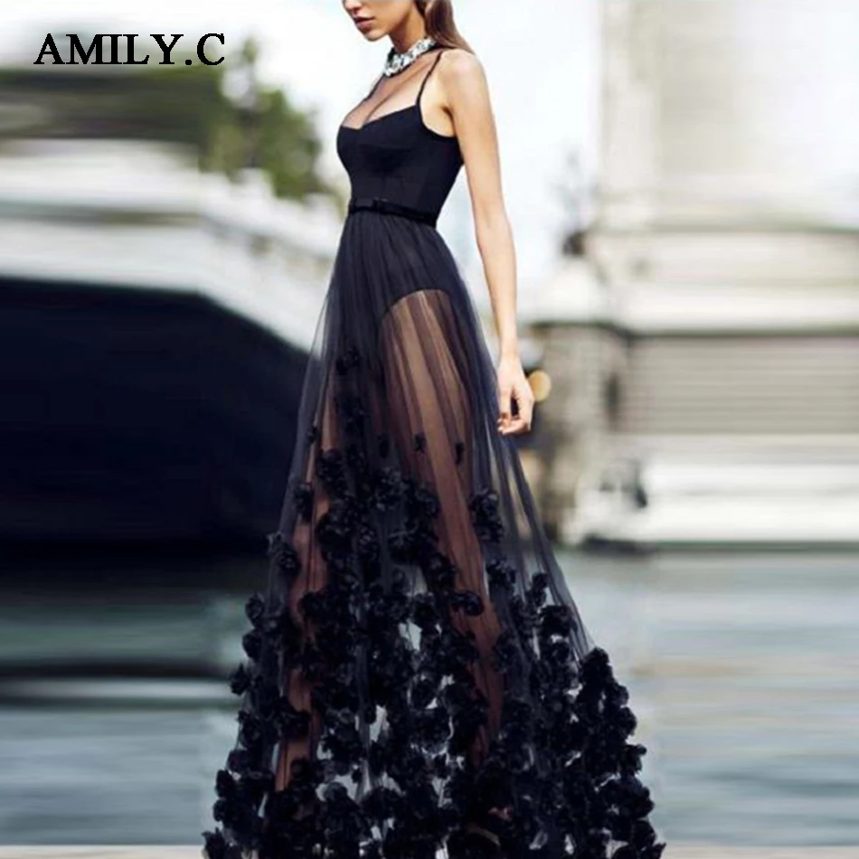 

Amily.c Sexy Lace Black Applique Belt Strap Summer Dress 2019 Spaghetti Bodycon Club Long Fashion Celebrity Party Dress