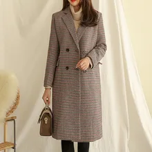 Осенне-зимнее пальто винтажное клетчатое женское двубортное шерстяное пальто с длинным рукавом корейская модная верхняя одежда Manteau Femme