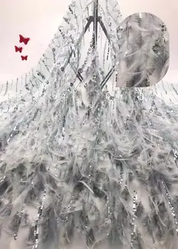 

5 yards grey 3D lace fabric with Ostrich feather, French heavy Sequins lace fabric for haute couture dress