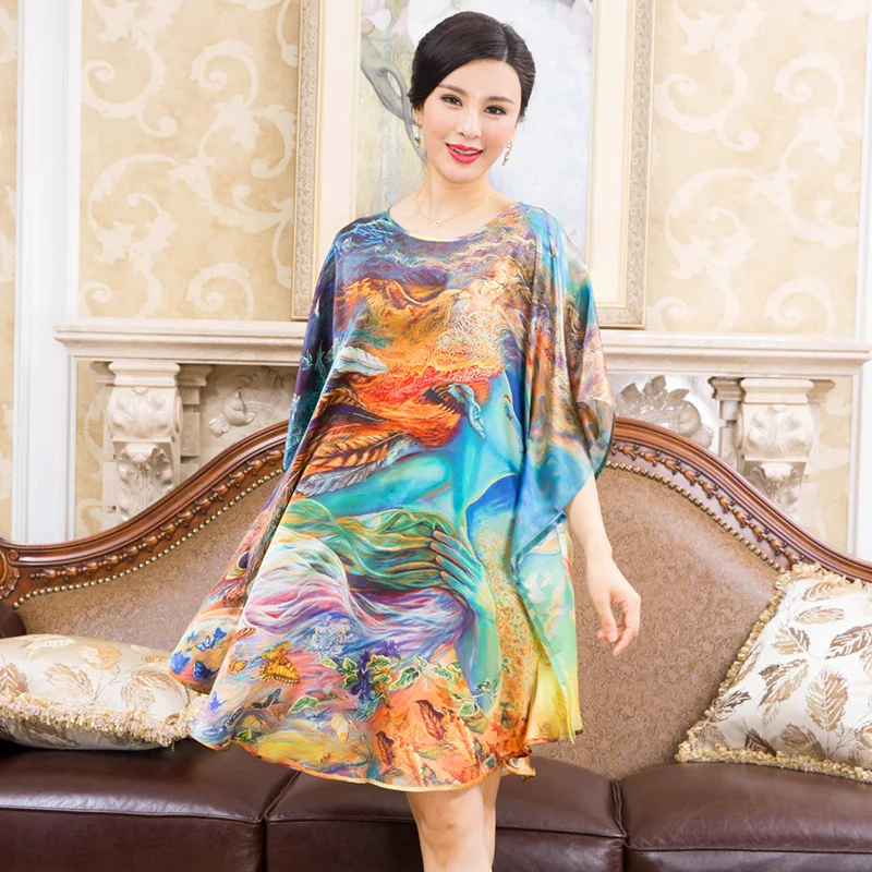 New Arrival Robe Summer 100% Silk Women Printing Sleepwear Loose Leisure Bat sleeve Nightgowns Printing One Size Nightdress