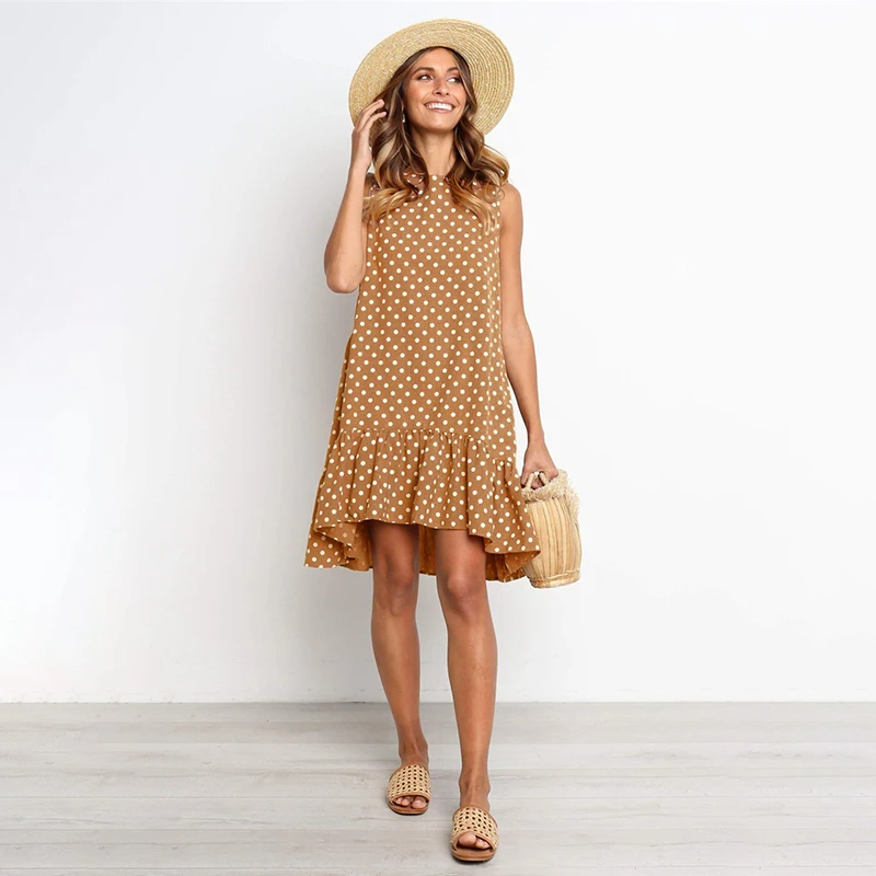Lossky Women Summer Dress Polka Dot Chiffon Sleeveless Beach Mini Casual Yellow Sundress 2020 Fashion Plus Size Dress For Women