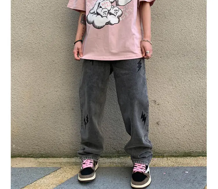 Description Picture 4 of itemWashed Vintage Black Jeans Men's Leather Embroidered Flash Jeans Mens and Womens Hip Hop High Street Straight Loose Baggy Pants