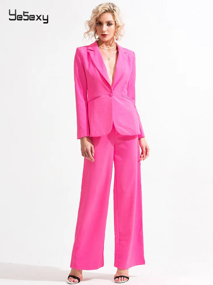 Yesexy элегантный офисный женский костюм, комплект на одной пуговице, однотонный, длинный рукав, женский пиджак пальто, брюки, Женский комплект VR19500 - Цвет: Красный