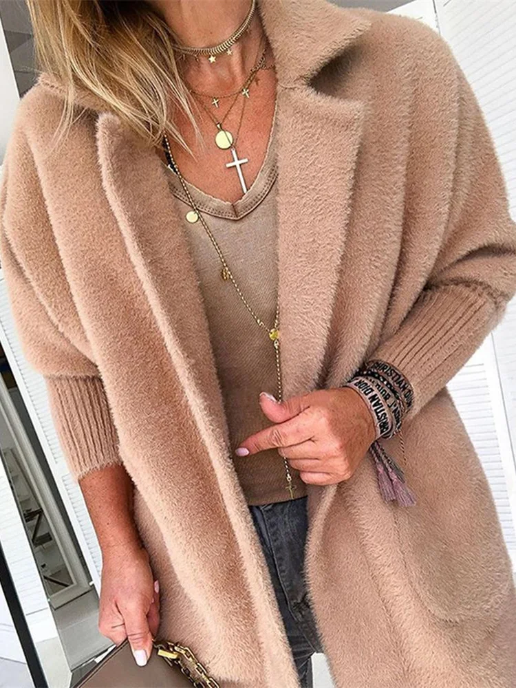 

2019 Women Autumn Winter Coats Elegant Warm Khaki Solid Fluffy Open Front Long Coat Shaggy Casual Outfit Long Jacket