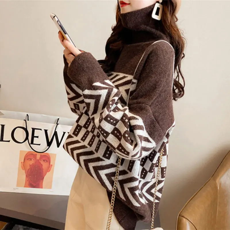 

High collar sweater for women's loose autumn and winter new Korean version stack collar thickened with bottom knit