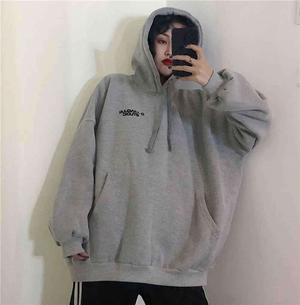 Korean Style Women Casual Loose Hoodies Pullover, Plus Size Pocket Sweatshirt Letter Printed Hoodie sweat femme Female Tops