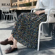 REALEFT Новое поступление плиссированные юбки с Высокой Талией Модные шифоновые летние женские юбки в Корейском стиле с цветочным принтом