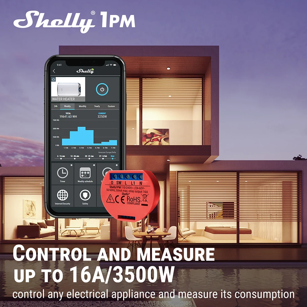 Shelly 1PM Plus Smart WiFi Switch with power and consumption measurement