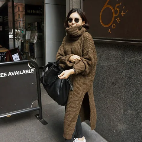 

2016 Autumn And Winter New Style South Korea Dongdaemun Sweet Loose-Fit High Collar Base Wool Slit Thick Exta-long