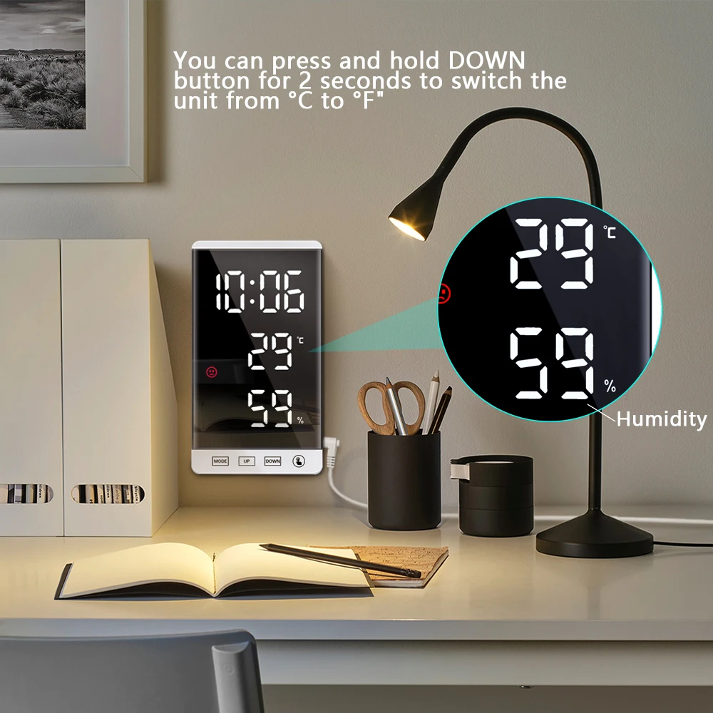 6 colių LED veidrodinis žadintuvas, jutiklinis mygtukas, sieninis skaitmeninis laikrodis, laiko temperatūros ir drėgmės ekranas, USB išvesties prievadas, stalo laikrodis_voghion.com