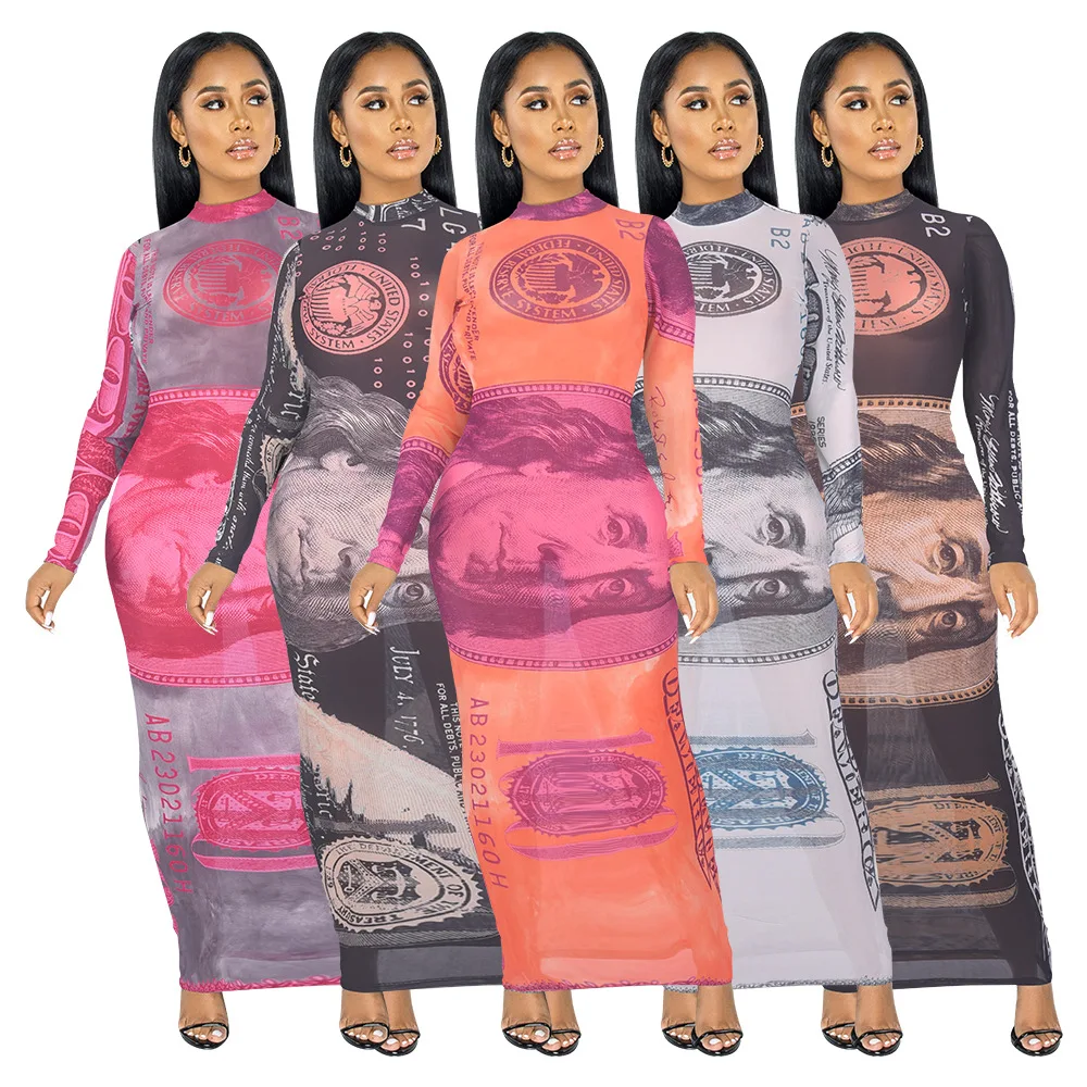 

Echoine New Money USD Dollar Print Dress Women Skinny Bodycon Sheer Mesh See Through Dresses Party Night Club Outfits Fall
