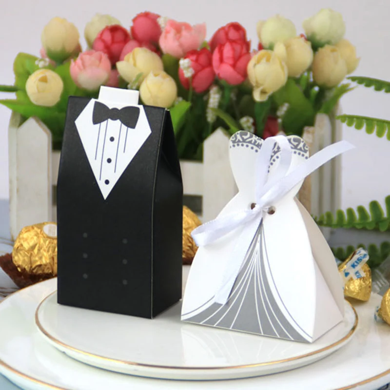 50pcs Tuxedo Groom Bridal Wedding Dress Party Favors Gift Boxes Ribbon Candy Box 
